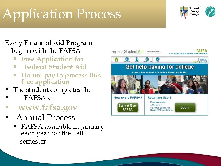 Application Process Every Financial Aid Program begins with the FAFSA § Free Application for