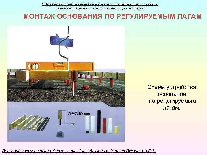 Одесская государственная академия строительства и архитектуры Кафедра технологии строительного производства МОНТАЖ ОСНОВАНИЯ ПО РЕГУЛИРУЕМЫМ