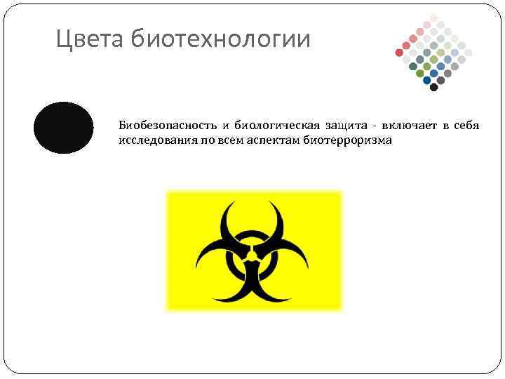 Цвета биотехнологии Биобезопасность и биологическая защита - включает в себя исследования по всем аспектам