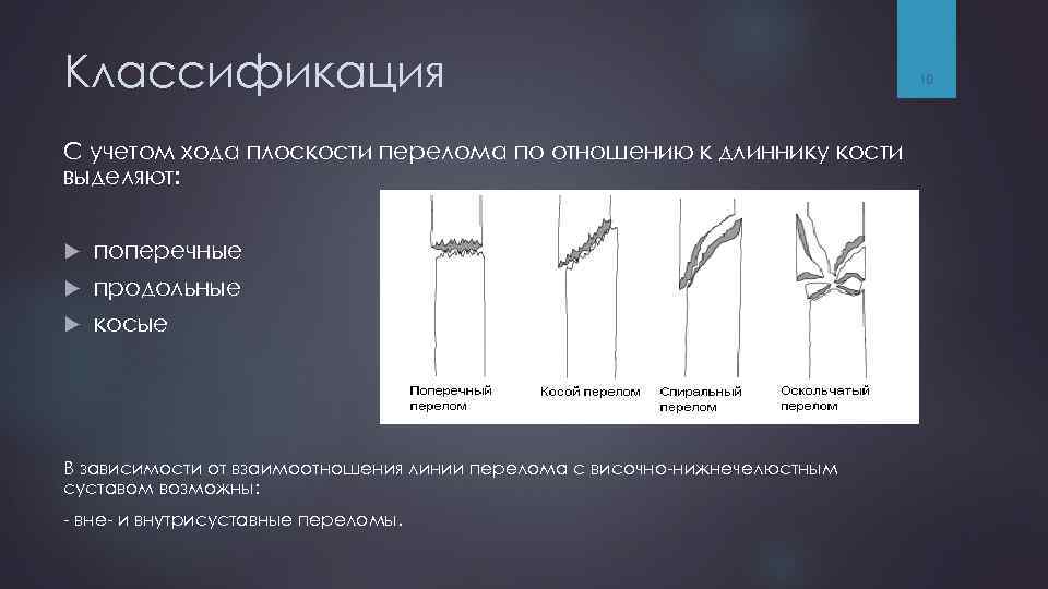 Классификация С учетом хода плоскости перелома по отношению к длиннику кости выделяют: поперечные продольные