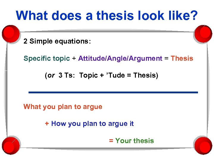 What does a thesis look like? 2 Simple equations: Specific topic + Attitude/Angle/Argument =