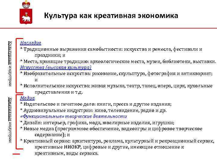 Культура как креативная экономика Культурные индустрии Креативные индустрии Наследие * Традиционные выражения самобытности: искусства