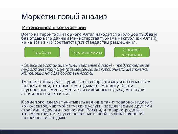 Маркетинговый анализ Интенсивность конкуренции Всего на территории Горного Алтая находится около 100 турбаз и