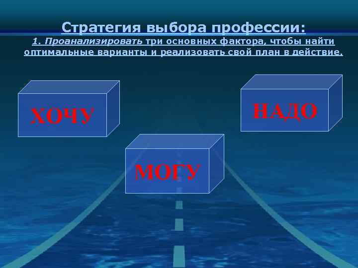 Стратегия выбора профессии: 1. Проанализировать три основных фактора, чтобы найти оптимальные варианты и реализовать