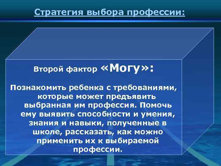 Стратегия выбора профессии: Второй фактор «Могу» : Познакомить ребенка с требованиями, которые может предъявить