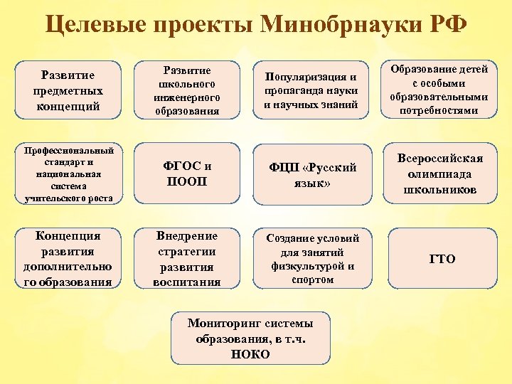 Целевые проекты Минобрнауки РФ Развитие предметных концепций Развитие школьного инженерного образования Популяризация и пропаганда