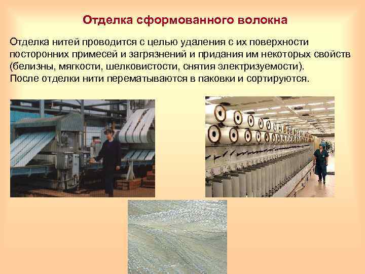 Отделка сформованного волокна Отделка нитей проводится с целью удаления с их поверхности посторонних примесей