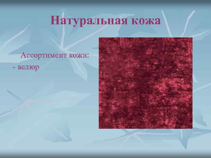 Натуральная кожа Ассортимент кожи: - велюр 