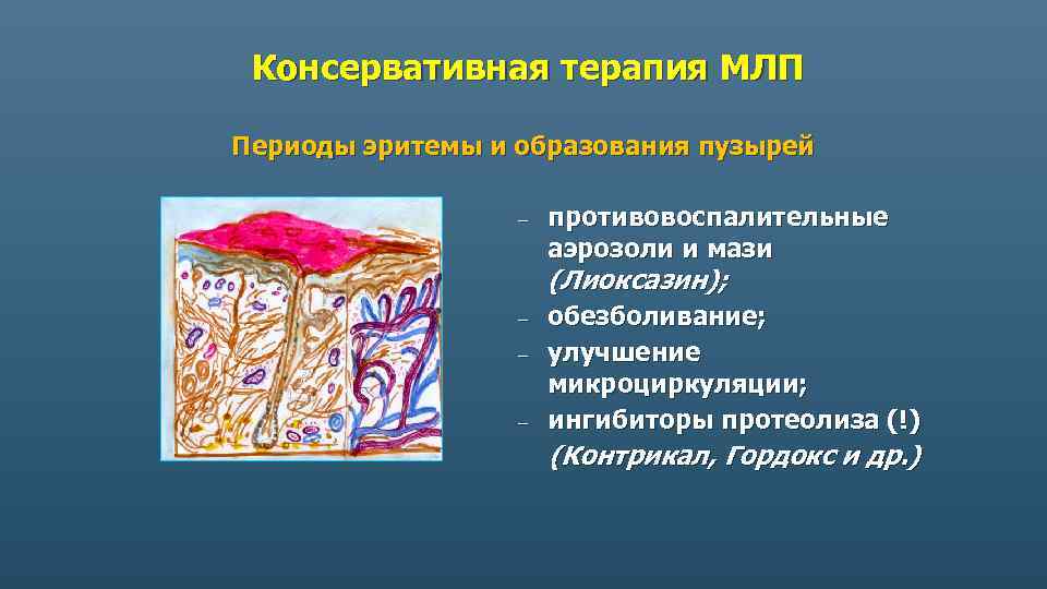 Консервативная терапия МЛП Периоды эритемы и образования пузырей – противовоспалительные аэрозоли и мази (Лиоксазин);