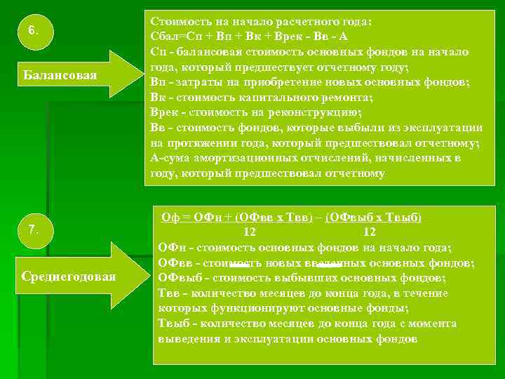6. Балансовая 7. Среднегодовая Стоимость на начало расчетного года: Сбал=Сп + Вк + Врек