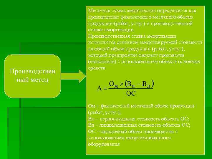 Производствен ный метод Месячная сумма амортизации определяется как произведение фактического месячного объема продукции (работ,