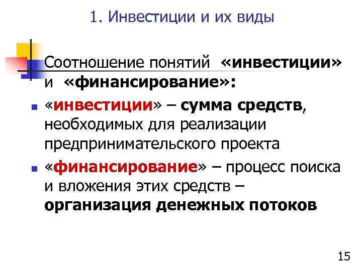 1. Инвестиции и их виды n n n Соотношение понятий «инвестиции» и «финансирование» :