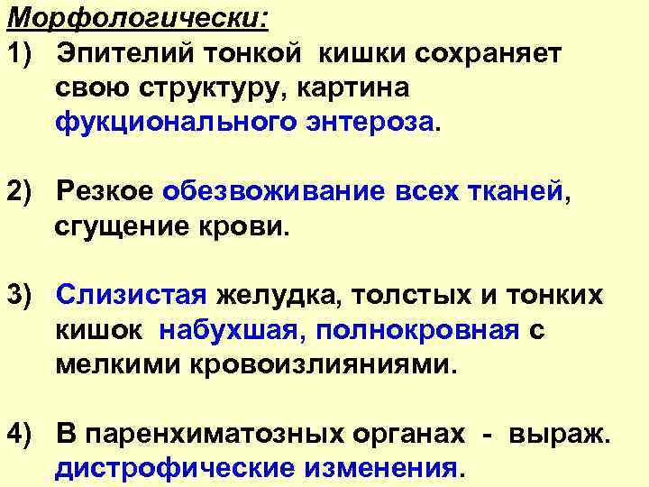 Морфологически: 1) Эпителий тонкой кишки сохраняет свою структуру, картина фукционального энтероза. 2) Резкое обезвоживание