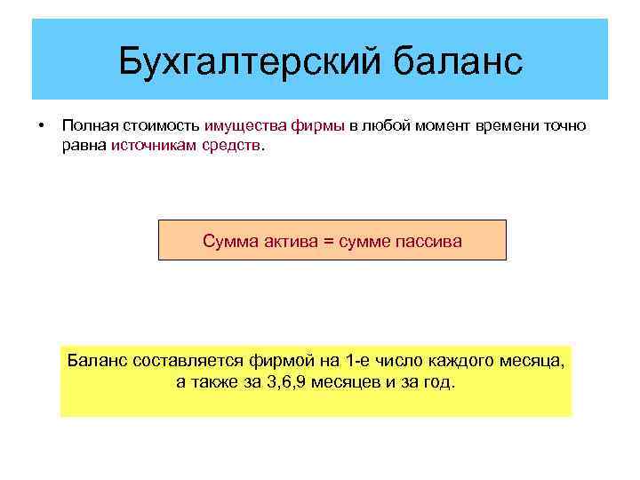 Бухгалтерский баланс • Полная стоимость имущества фирмы в любой момент времени точно равна источникам