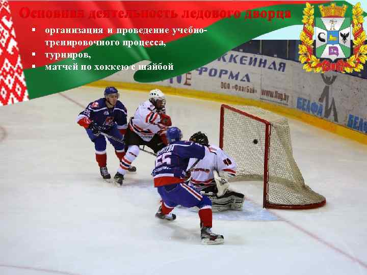 Основная деятельность ледового дворца § организация и проведение учебнотренировочного процесса, § турниров, § матчей