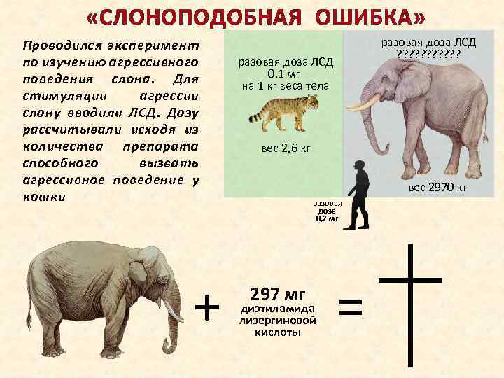  «СЛОНОПОДОБНАЯ ОШИБКА» Проводился эксперимент по изучению агрессивного поведения слона. Для стимуляции агрессии слону