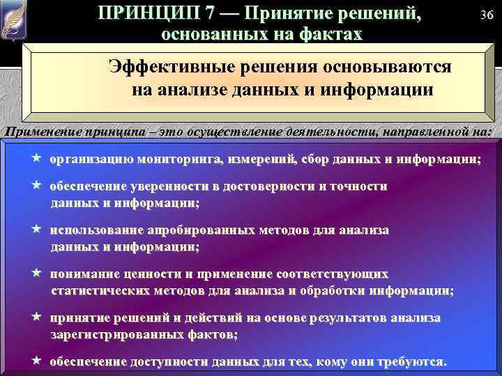 ПРИНЦИП 7 — Принятие решений, основанных на фактах 36 Эффективные решения основываются на анализе