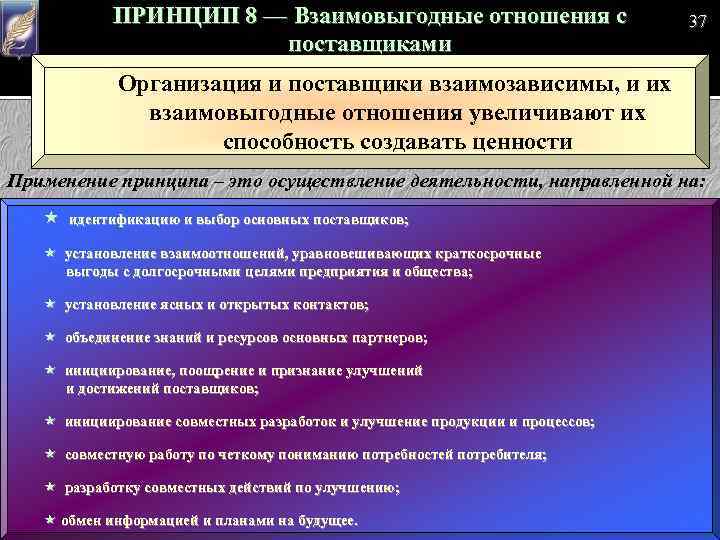 ПРИНЦИП 8 — Взаимовыгодные отношения с поставщиками 37 Организация и поставщики взаимозависимы, и их