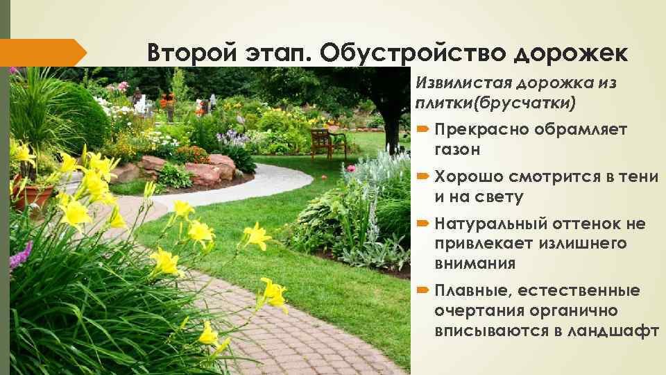 Второй этап. Обустройство дорожек Извилистая дорожка из плитки(брусчатки) Прекрасно обрамляет газон Хорошо смотрится в