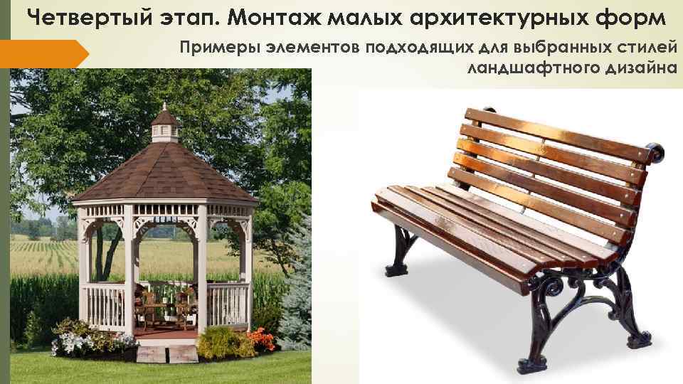 Четвертый этап. Монтаж малых архитектурных форм Примеры элементов подходящих для выбранных стилей ландшафтного дизайна