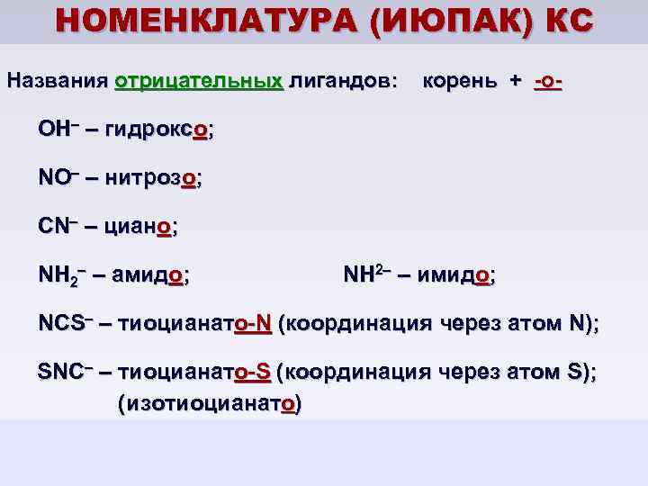 Назовите отрицательные. Названия лигандов. Номенклатура ИЮПАК. Номенклатура ИЮПАК комплексных соединений. Название комплексных соединений по ИЮПАК.