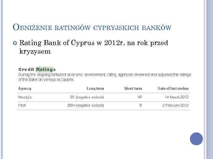 OBNIŻENIE RATINGÓW CYPRYJSKICH BANKÓW Rating Bank of Cyprus w 2012 r. na rok przed