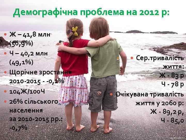 Демографічна проблема на 2012 р: Ж – 41, 8 млн (50, 9%) Ч –