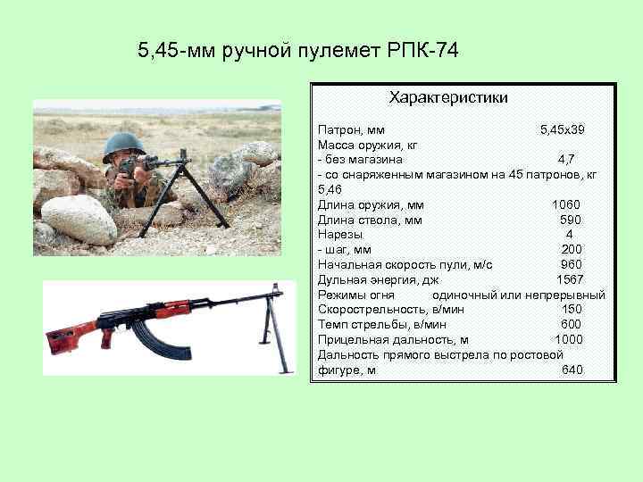 5, 45 -мм ручной пулемет РПК-74 Характеристики Патрон, мм 5, 45 x 39 Масса