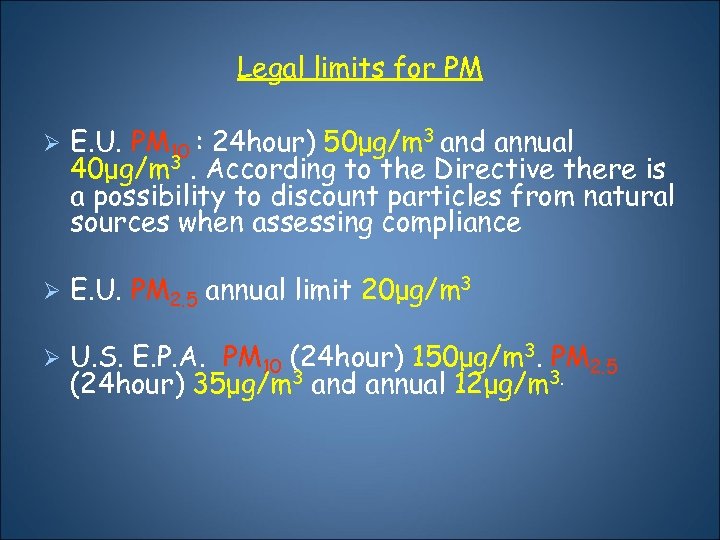 Legal limits for PM Ø Ε. U. PM 10 : 24 hour) 50μg/m 3