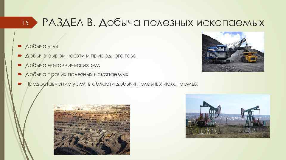 15 РАЗДЕЛ B. Добыча полезных ископаемых Добыча угля Добыча сырой нефти и природного газа