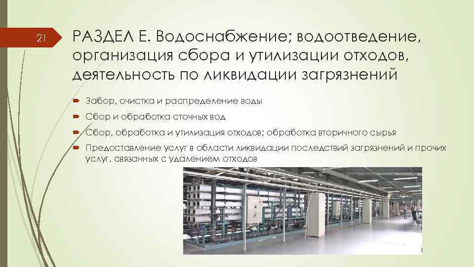 21 РАЗДЕЛ E. Водоснабжение; водоотведение, организация сбора и утилизации отходов, деятельность по ликвидации загрязнений