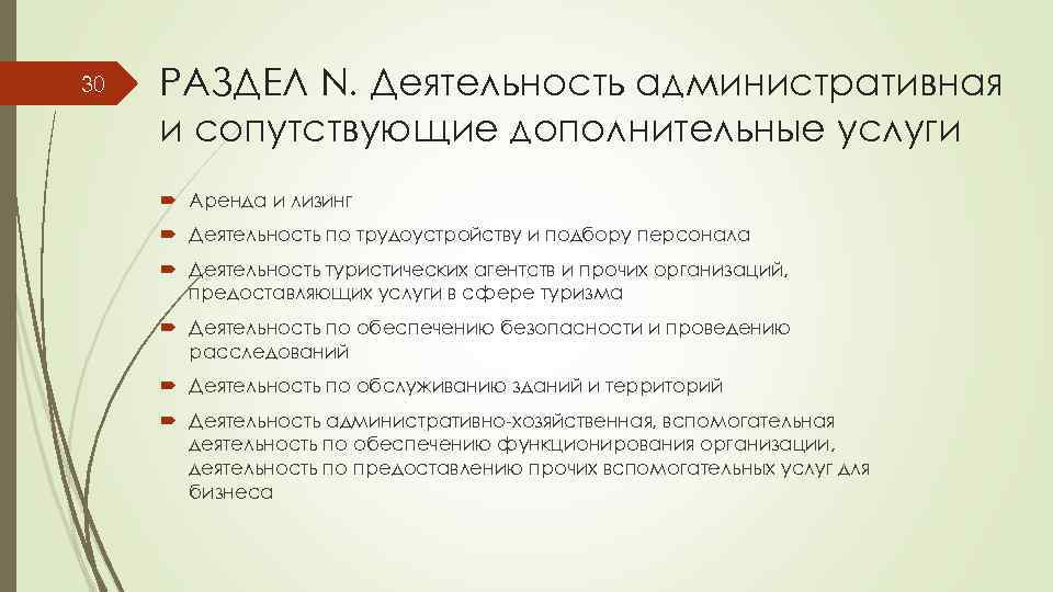 30 РАЗДЕЛ N. Деятельность административная и сопутствующие дополнительные услуги Аренда и лизинг Деятельность по