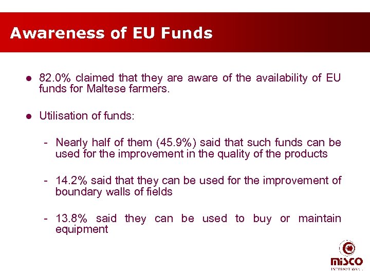 Awareness of EU Funds l 82. 0% claimed that they are aware of the