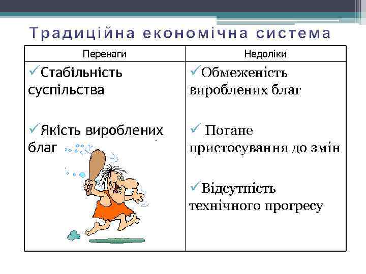 Переваги Недоліки üСтабільність üОбмеженість суспільства вироблених благ üЯкість вироблених ü Погане благ пристосування до