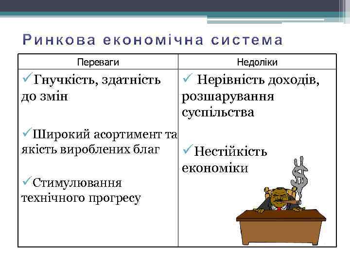 Переваги üГнучкість, здатність до змін Недоліки ü Нерівність доходів, розшарування суспільства üШирокий асортимент та