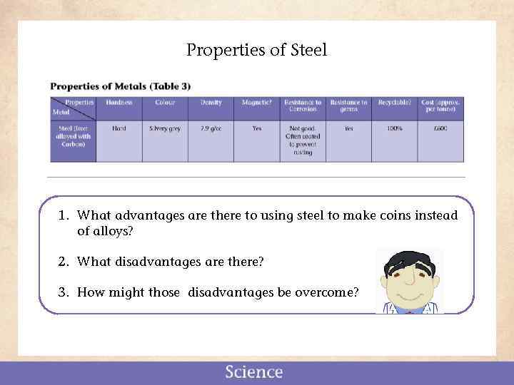 Properties of Steel 1. What advantages are there to using steel to make coins