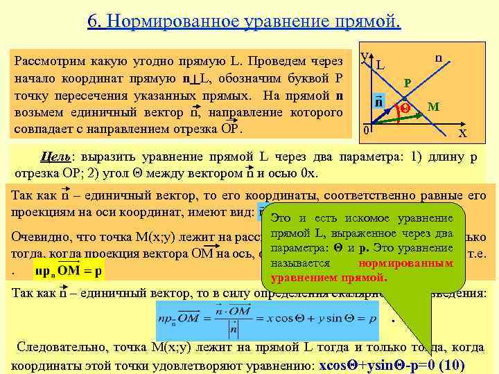 6. Нормированное уравнение прямой. Рассмотрим какую угодно прямую L. Проведем через начало координат прямую