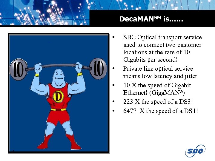 Deca. MANSM is…… • • • 14 SBC Optical transport service used to connect