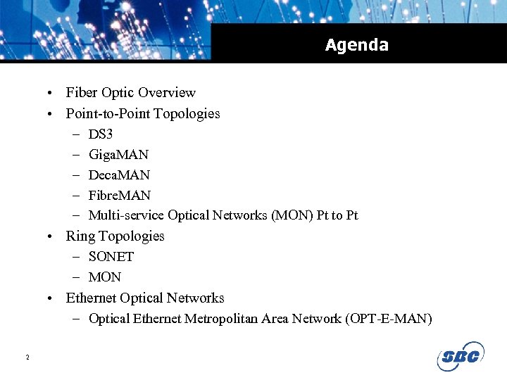 Agenda • Fiber Optic Overview • Point-to-Point Topologies – DS 3 – Giga. MAN