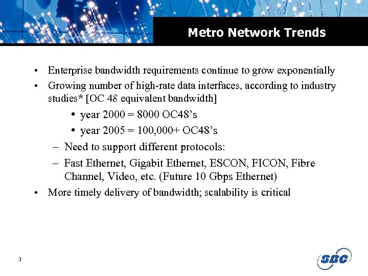 Metro Network Trends • Enterprise bandwidth requirements continue to grow exponentially • Growing number