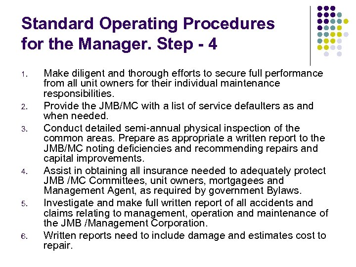 Standard Operating Procedures for the Manager. Step - 4 1. 2. 3. 4. 5.