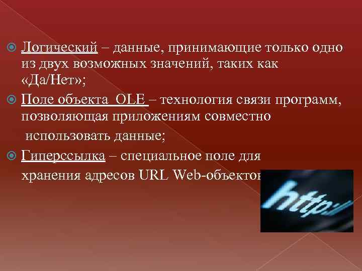 Логический – данные, принимающие только одно из двух возможных значений, таких как «Да/Нет» ;