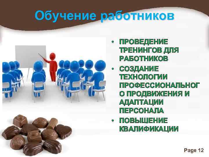 Обучение работников • ПРОВЕДЕНИЕ ТРЕНИНГОВ ДЛЯ РАБОТНИКОВ • СОЗДАНИЕ ТЕХНОЛОГИИ ПРОФЕССИОНАЛЬНОГ О ПРОДВИЖЕНИЯ И