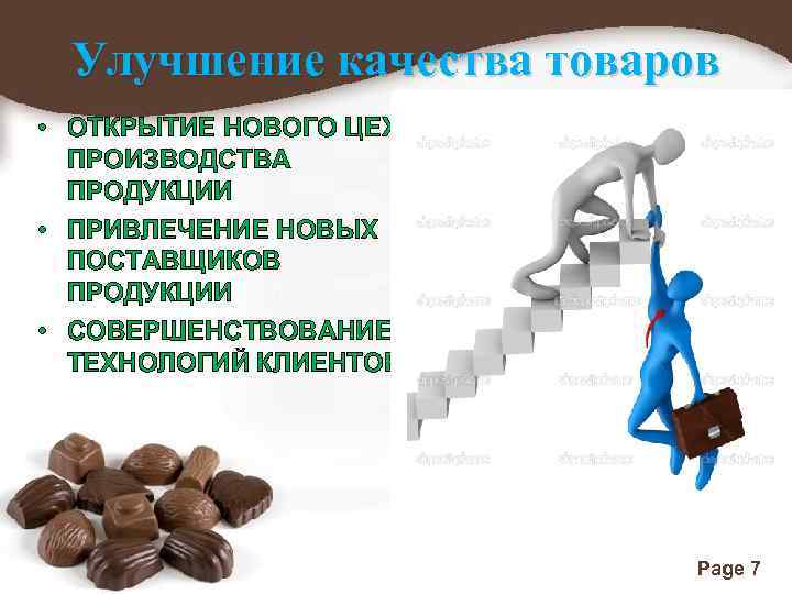 Улучшение качества товаров • ОТКРЫТИЕ НОВОГО ЦЕХА ПРОИЗВОДСТВА ПРОДУКЦИИ • ПРИВЛЕЧЕНИЕ НОВЫХ ПОСТАВЩИКОВ ПРОДУКЦИИ