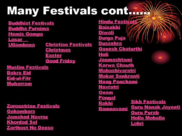 Many Festivals cont…… Buddhist Festivals Buddha Purnima Hemis Gompa Losar Christian Festivals Ullambana Christmas