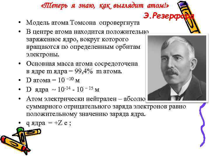  «Теперь я знаю, как выглядит атом!» Э. Резерфорд • Модель атома Томсона опровергнута
