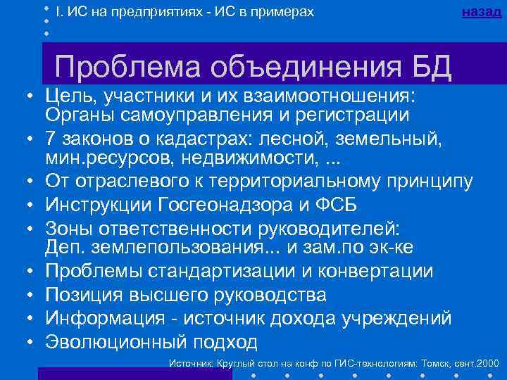 I. ИС на предприятиях - ИС в примерах назад Проблема объединения БД • Цель,