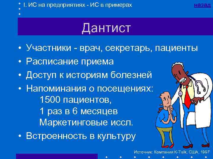 I. ИС на предприятиях - ИС в примерах назад Дантист • • Участники -