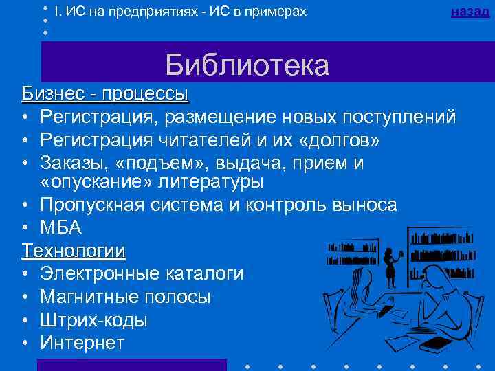 I. ИС на предприятиях - ИС в примерах назад Библиотека Бизнес - процессы •