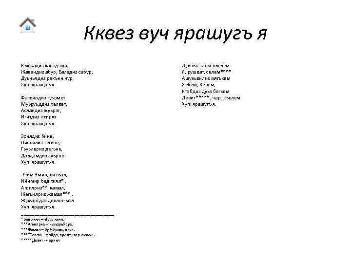 Кквез вуч ярашугъ я Къужадиз хапад кур, Жавандиз абур, Баладиз сабур, Дуьньядиз ракъин нур